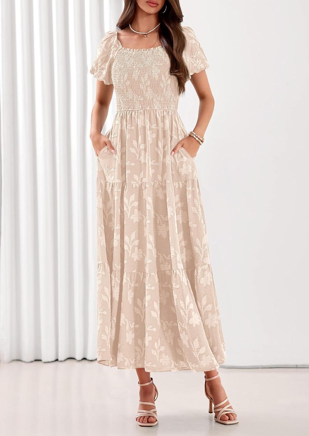 imagePRETTYGARDEN Womens 2026 Summer Boho Maxi Dresses Floral Short Sleeve Square Neck Smocked Flowy Long Dress Vacation OutfitsBeige