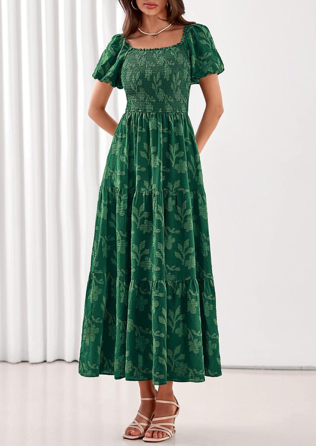 imagePRETTYGARDEN Womens 2026 Summer Boho Maxi Dresses Floral Short Sleeve Square Neck Smocked Flowy Long Dress Vacation OutfitsDark Green
