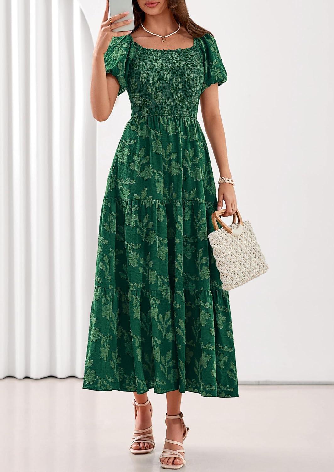imagePRETTYGARDEN Womens 2026 Summer Boho Maxi Dresses Floral Short Sleeve Square Neck Smocked Flowy Long Dress Vacation OutfitsDark Green