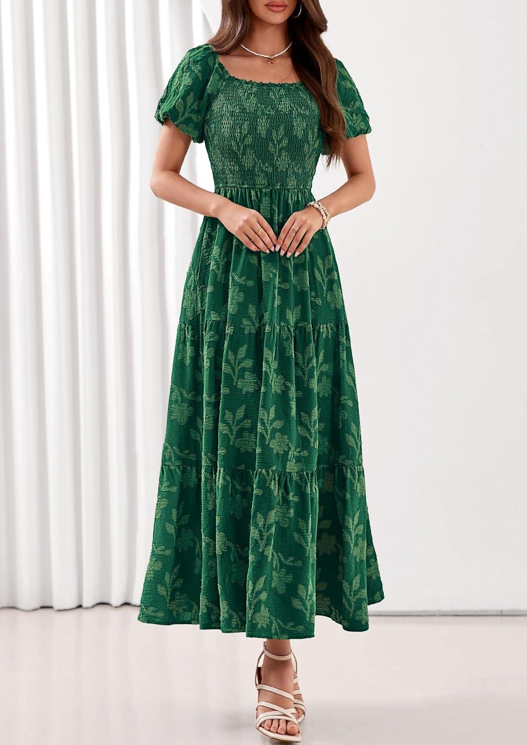 imagePRETTYGARDEN Womens 2026 Summer Boho Maxi Dresses Floral Short Sleeve Square Neck Smocked Flowy Long Dress Vacation OutfitsDark Green