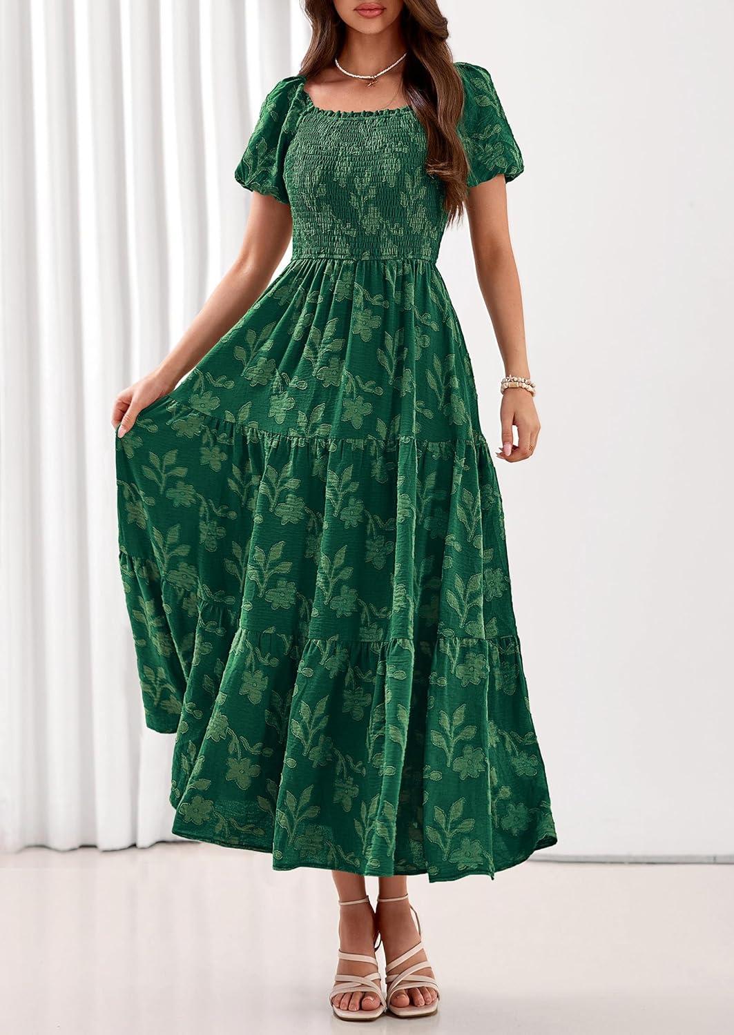 imagePRETTYGARDEN Womens 2026 Summer Boho Maxi Dresses Floral Short Sleeve Square Neck Smocked Flowy Long Dress Vacation OutfitsDark Green