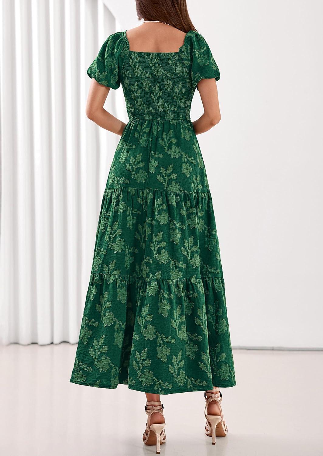 imagePRETTYGARDEN Womens 2026 Summer Boho Maxi Dresses Floral Short Sleeve Square Neck Smocked Flowy Long Dress Vacation OutfitsDark Green