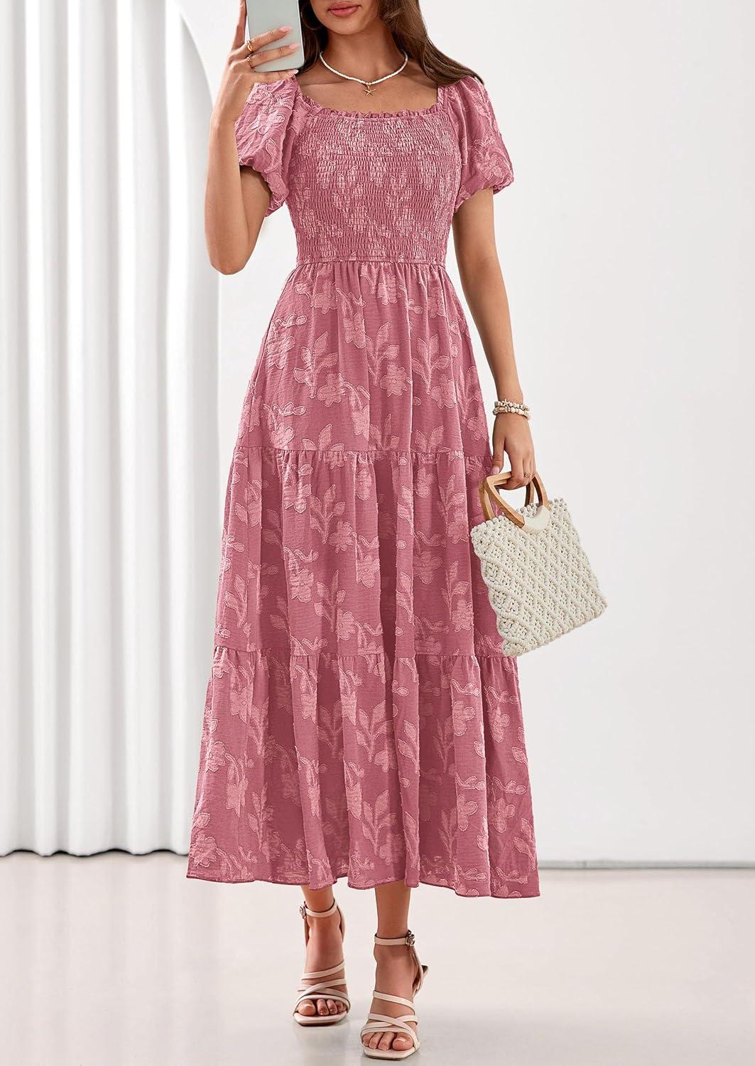 imagePRETTYGARDEN Womens 2026 Summer Boho Maxi Dresses Floral Short Sleeve Square Neck Smocked Flowy Long Dress Vacation OutfitsPink