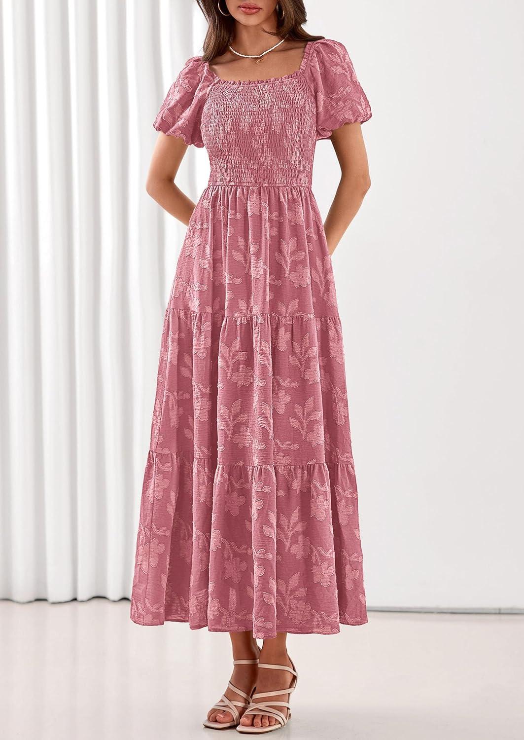 imagePRETTYGARDEN Womens 2026 Summer Boho Maxi Dresses Floral Short Sleeve Square Neck Smocked Flowy Long Dress Vacation OutfitsPink