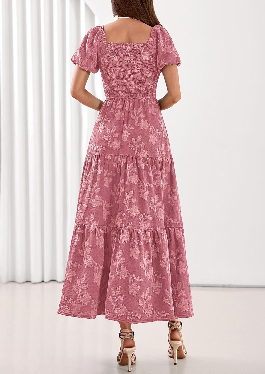 imagePRETTYGARDEN Womens 2026 Summer Boho Maxi Dresses Floral Short Sleeve Square Neck Smocked Flowy Long Dress Vacation OutfitsPink
