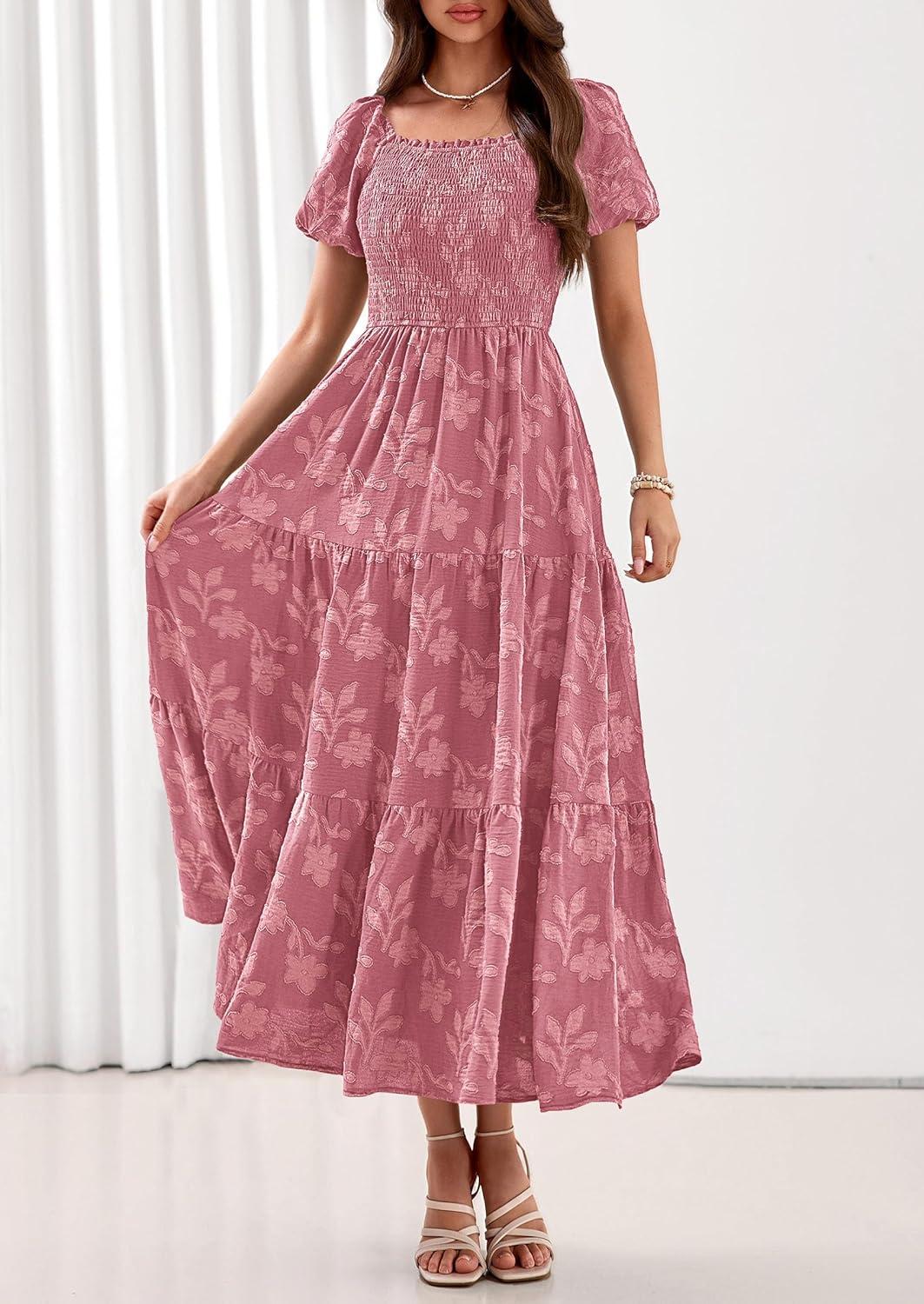 imagePRETTYGARDEN Womens 2026 Summer Boho Maxi Dresses Floral Short Sleeve Square Neck Smocked Flowy Long Dress Vacation OutfitsPink