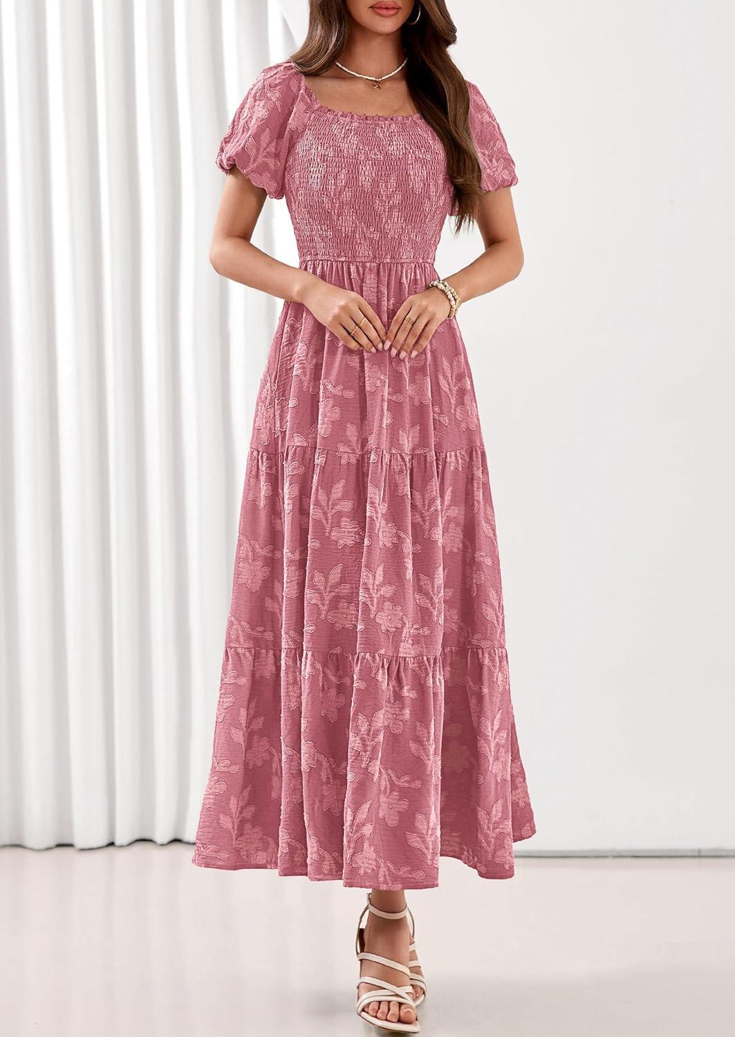 imagePRETTYGARDEN Womens 2026 Summer Boho Maxi Dresses Floral Short Sleeve Square Neck Smocked Flowy Long Dress Vacation OutfitsPink