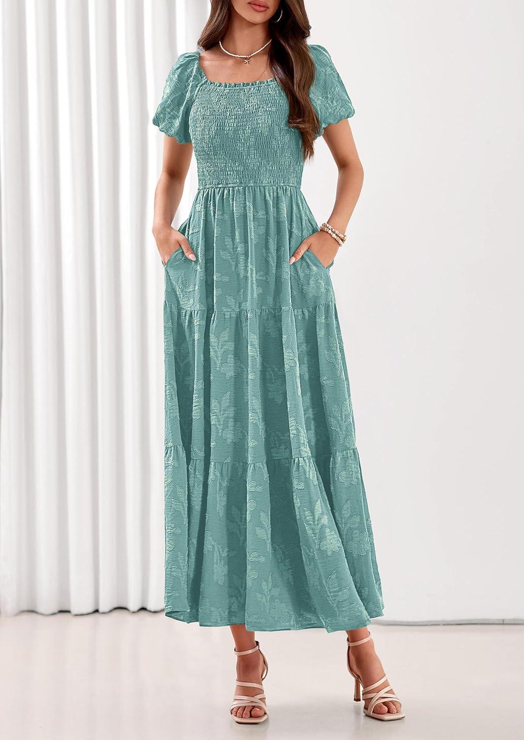 imagePRETTYGARDEN Womens 2026 Summer Boho Maxi Dresses Floral Short Sleeve Square Neck Smocked Flowy Long Dress Vacation OutfitsSage Green