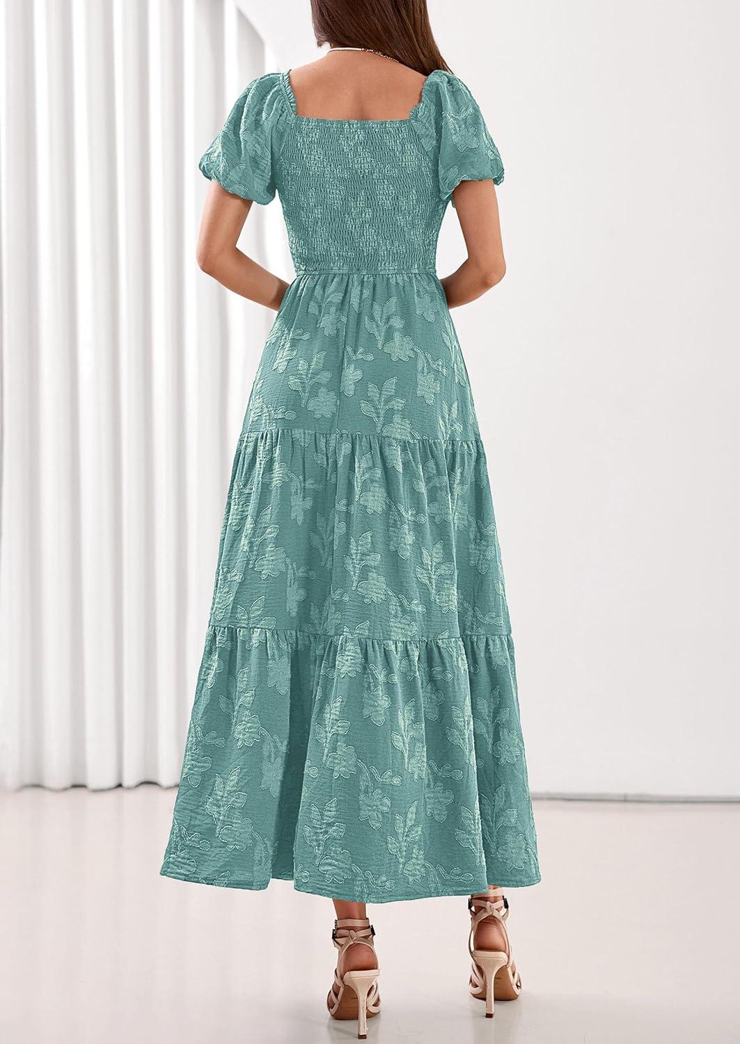 imagePRETTYGARDEN Womens 2026 Summer Boho Maxi Dresses Floral Short Sleeve Square Neck Smocked Flowy Long Dress Vacation OutfitsSage Green