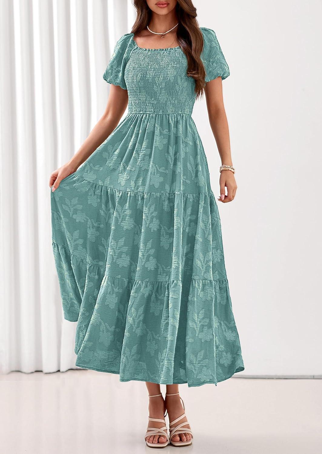 imagePRETTYGARDEN Womens 2026 Summer Boho Maxi Dresses Floral Short Sleeve Square Neck Smocked Flowy Long Dress Vacation OutfitsSage Green