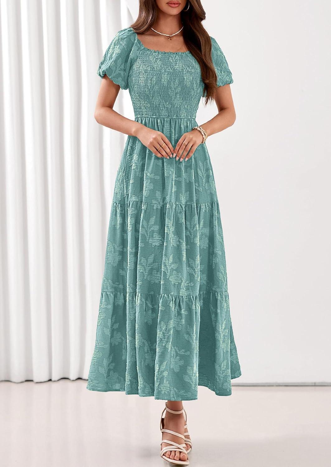imagePRETTYGARDEN Womens 2026 Summer Boho Maxi Dresses Floral Short Sleeve Square Neck Smocked Flowy Long Dress Vacation OutfitsSage Green