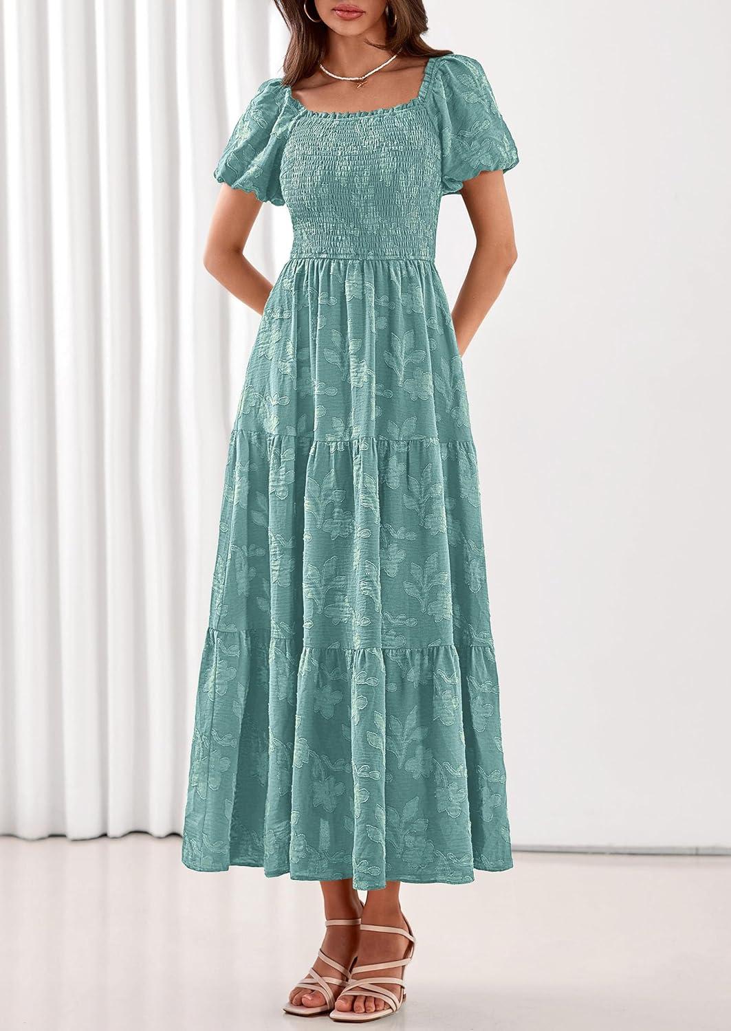imagePRETTYGARDEN Womens 2026 Summer Boho Maxi Dresses Floral Short Sleeve Square Neck Smocked Flowy Long Dress Vacation OutfitsSage Green
