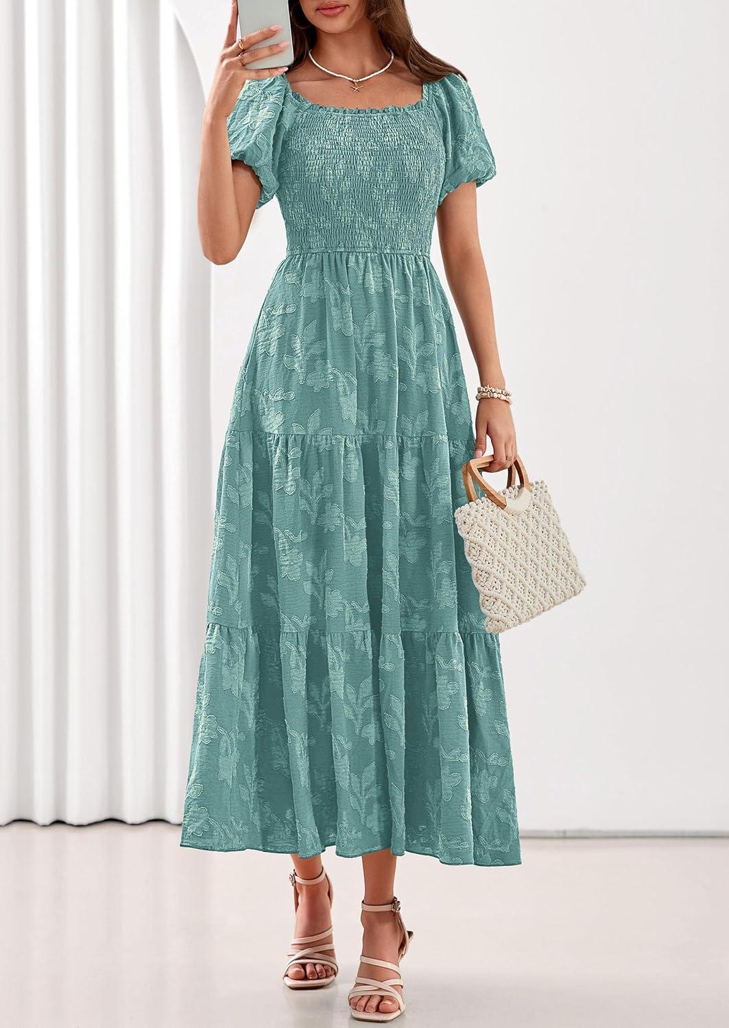 imagePRETTYGARDEN Womens 2026 Summer Boho Maxi Dresses Floral Short Sleeve Square Neck Smocked Flowy Long Dress Vacation OutfitsSage Green