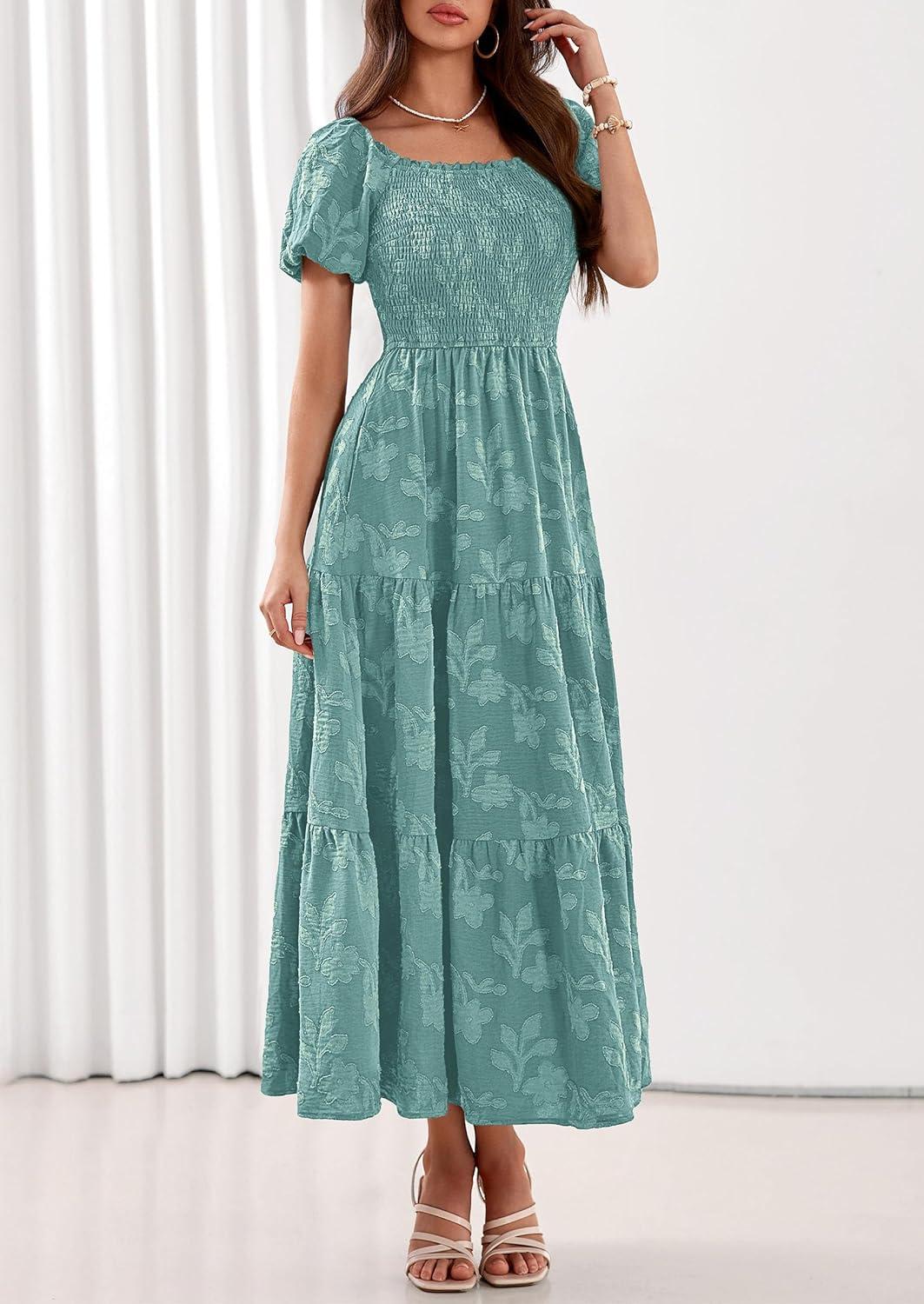 imagePRETTYGARDEN Womens 2026 Summer Boho Maxi Dresses Floral Short Sleeve Square Neck Smocked Flowy Long Dress Vacation OutfitsSage Green