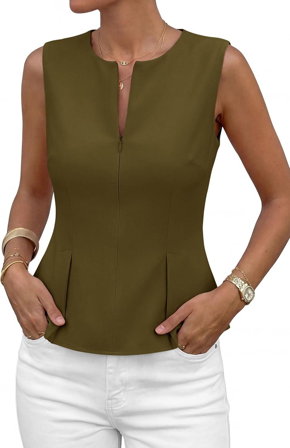 imagePRETTYGARDEN Womens 2026 Summer Vest Tops Business Casual Going Out Outfits Sleeveless Zip Up Dressy Tank Top Suit WaistcoatArmy Green