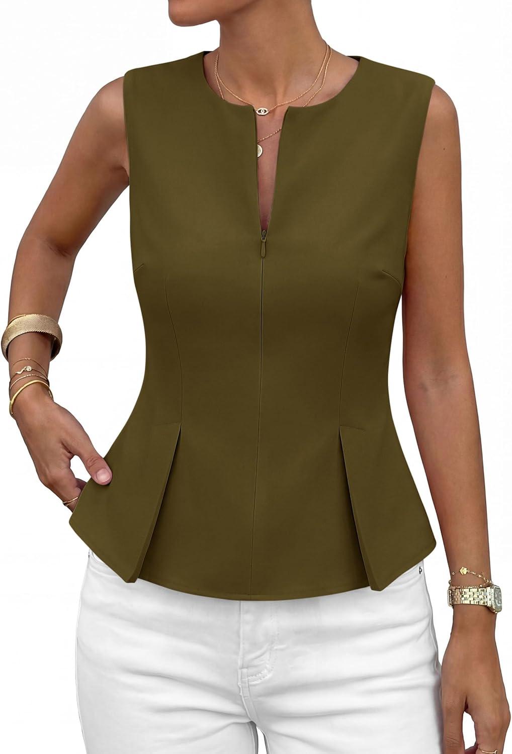 imagePRETTYGARDEN Womens 2026 Summer Vest Tops Business Casual Going Out Outfits Sleeveless Zip Up Dressy Tank Top Suit WaistcoatArmy Green