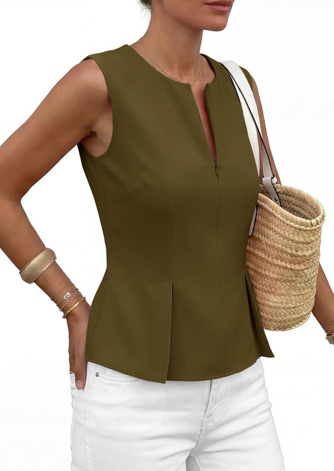 imagePRETTYGARDEN Womens 2026 Summer Vest Tops Business Casual Going Out Outfits Sleeveless Zip Up Dressy Tank Top Suit WaistcoatArmy Green