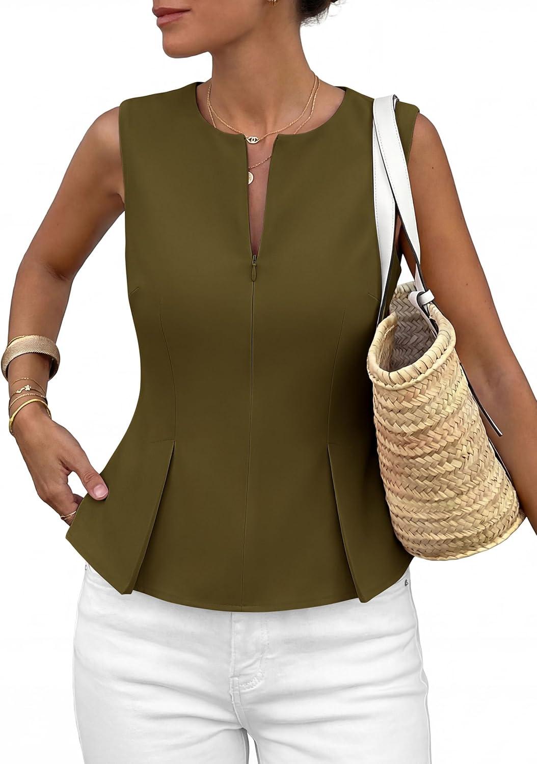 imagePRETTYGARDEN Womens 2026 Summer Vest Tops Business Casual Going Out Outfits Sleeveless Zip Up Dressy Tank Top Suit WaistcoatArmy Green