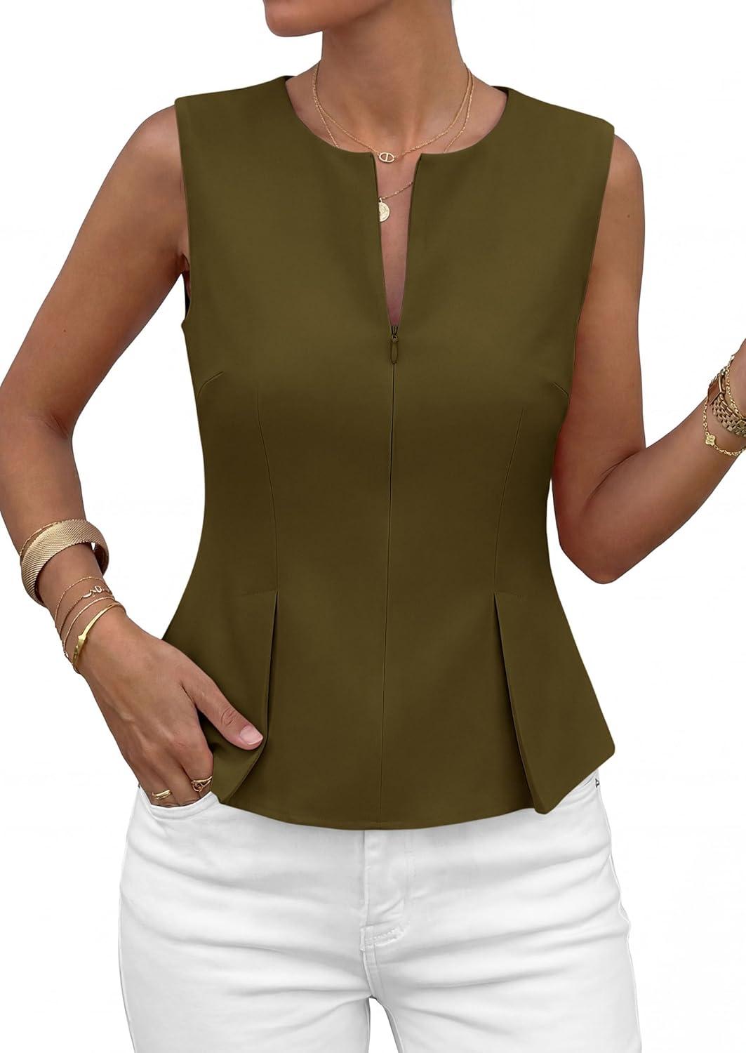 imagePRETTYGARDEN Womens 2026 Summer Vest Tops Business Casual Going Out Outfits Sleeveless Zip Up Dressy Tank Top Suit WaistcoatArmy Green