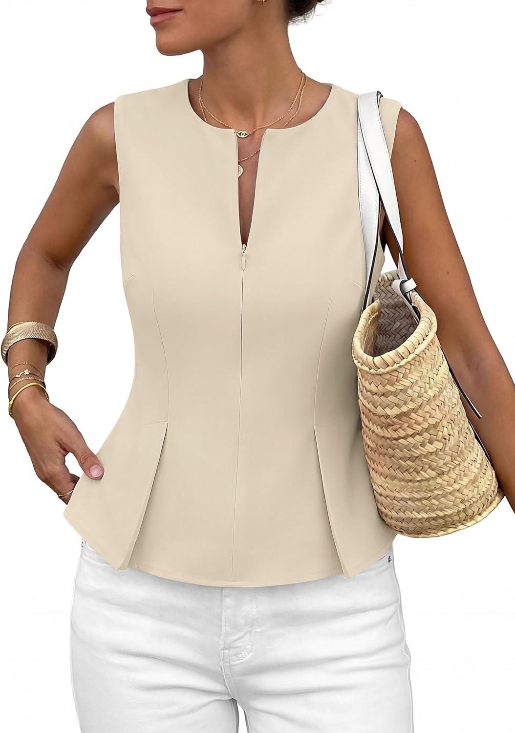 imagePRETTYGARDEN Womens 2026 Summer Vest Tops Business Casual Going Out Outfits Sleeveless Zip Up Dressy Tank Top Suit WaistcoatBeige