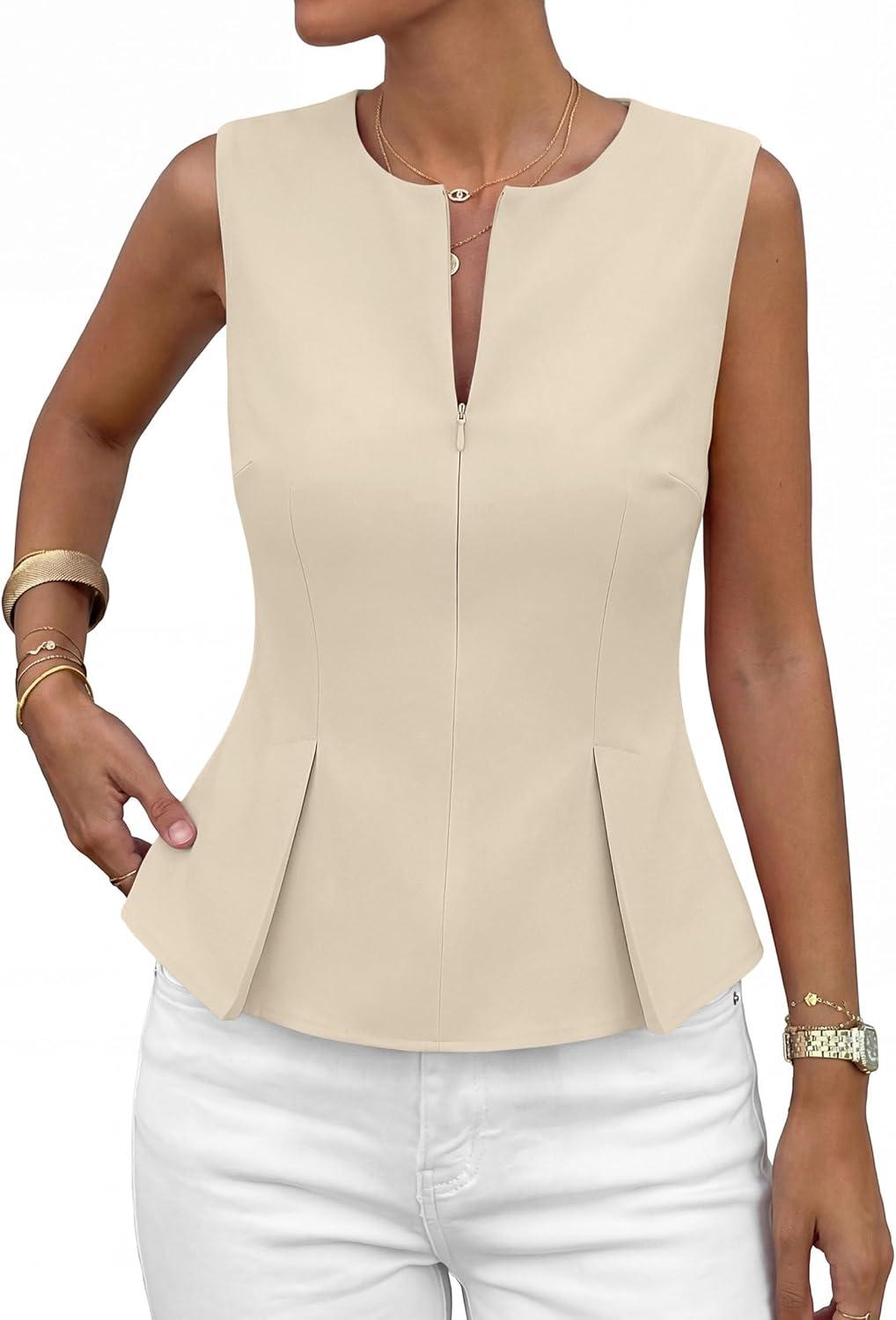 imagePRETTYGARDEN Womens 2026 Summer Vest Tops Business Casual Going Out Outfits Sleeveless Zip Up Dressy Tank Top Suit WaistcoatBeige