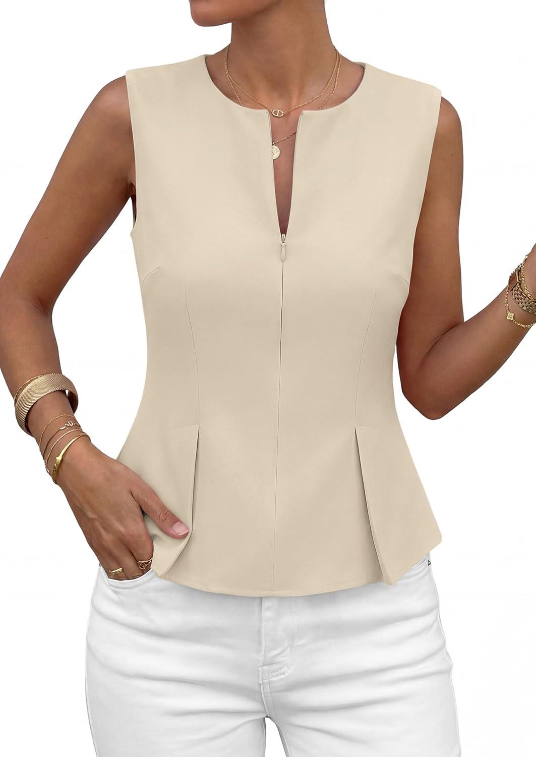 imagePRETTYGARDEN Womens 2026 Summer Vest Tops Business Casual Going Out Outfits Sleeveless Zip Up Dressy Tank Top Suit WaistcoatBeige