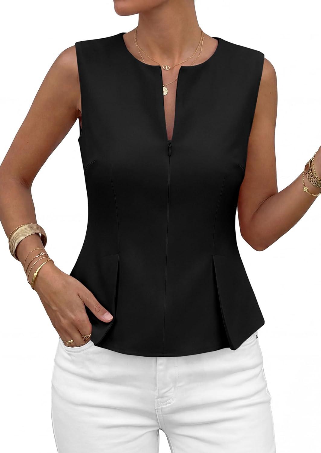 imagePRETTYGARDEN Womens 2026 Summer Vest Tops Business Casual Going Out Outfits Sleeveless Zip Up Dressy Tank Top Suit WaistcoatBlack