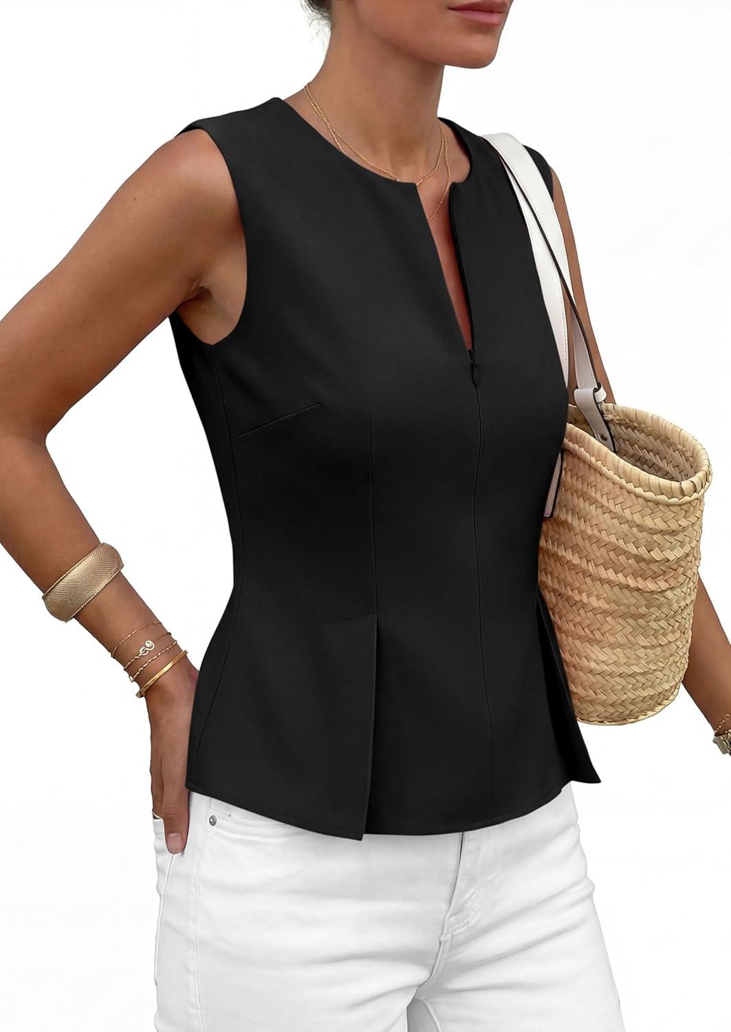 imagePRETTYGARDEN Womens 2026 Summer Vest Tops Business Casual Going Out Outfits Sleeveless Zip Up Dressy Tank Top Suit WaistcoatBlack