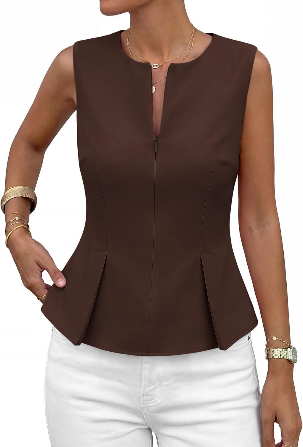 imagePRETTYGARDEN Womens 2026 Summer Vest Tops Business Casual Going Out Outfits Sleeveless Zip Up Dressy Tank Top Suit WaistcoatBrown