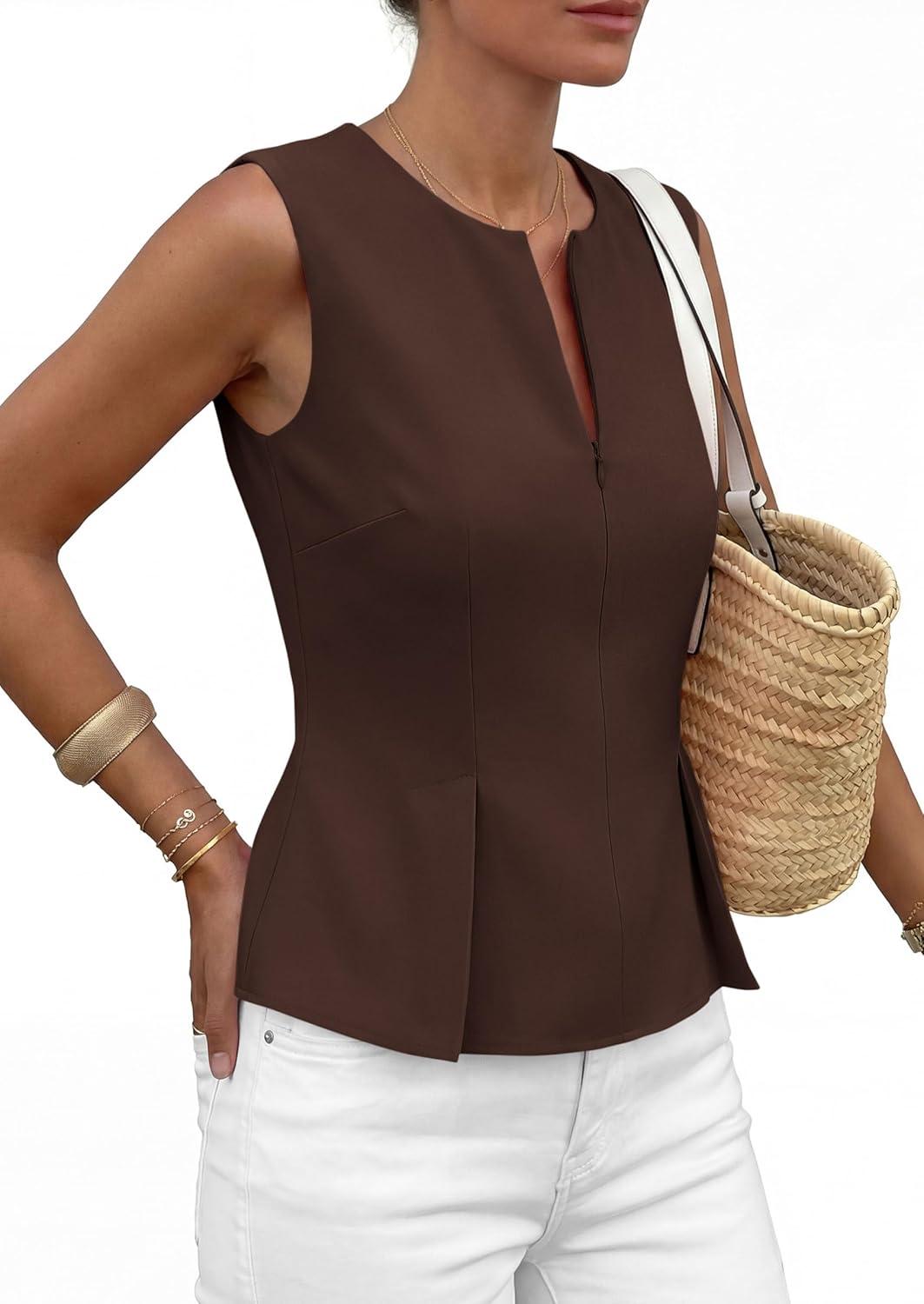 imagePRETTYGARDEN Womens 2026 Summer Vest Tops Business Casual Going Out Outfits Sleeveless Zip Up Dressy Tank Top Suit WaistcoatBrown