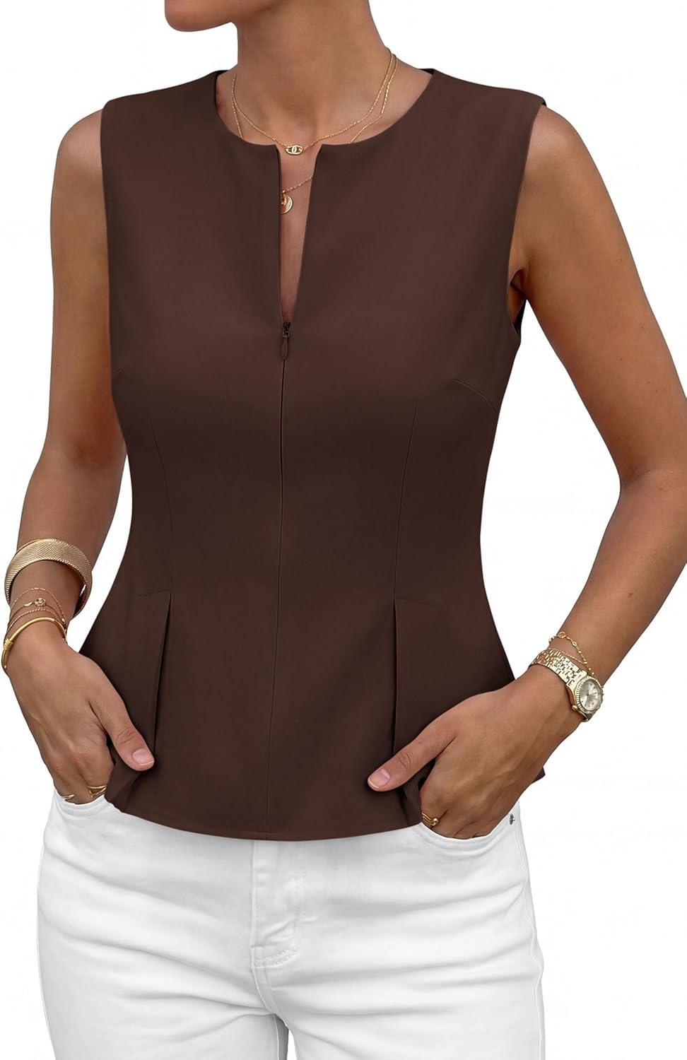 imagePRETTYGARDEN Womens 2026 Summer Vest Tops Business Casual Going Out Outfits Sleeveless Zip Up Dressy Tank Top Suit WaistcoatBrown
