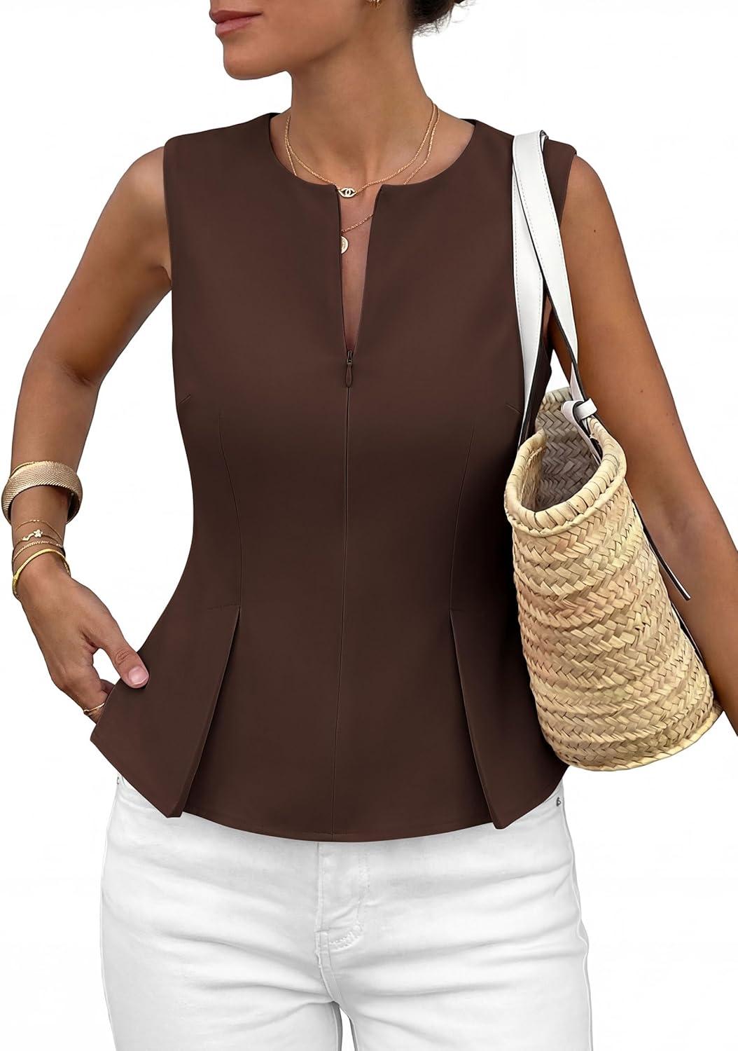 imagePRETTYGARDEN Womens 2026 Summer Vest Tops Business Casual Going Out Outfits Sleeveless Zip Up Dressy Tank Top Suit WaistcoatBrown