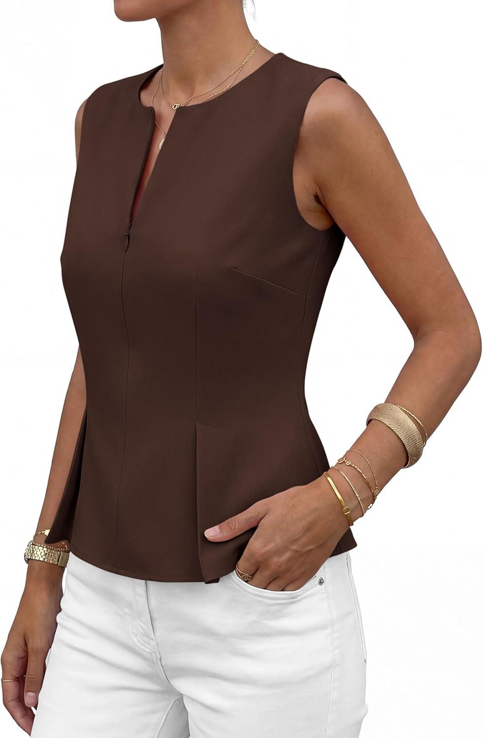 imagePRETTYGARDEN Womens 2026 Summer Vest Tops Business Casual Going Out Outfits Sleeveless Zip Up Dressy Tank Top Suit WaistcoatBrown
