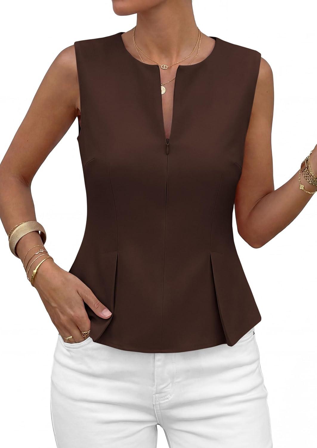 imagePRETTYGARDEN Womens 2026 Summer Vest Tops Business Casual Going Out Outfits Sleeveless Zip Up Dressy Tank Top Suit WaistcoatBrown