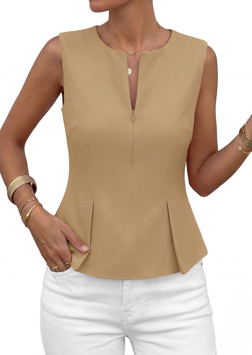 imagePRETTYGARDEN Womens 2026 Summer Vest Tops Business Casual Going Out Outfits Sleeveless Zip Up Dressy Tank Top Suit WaistcoatKhaki