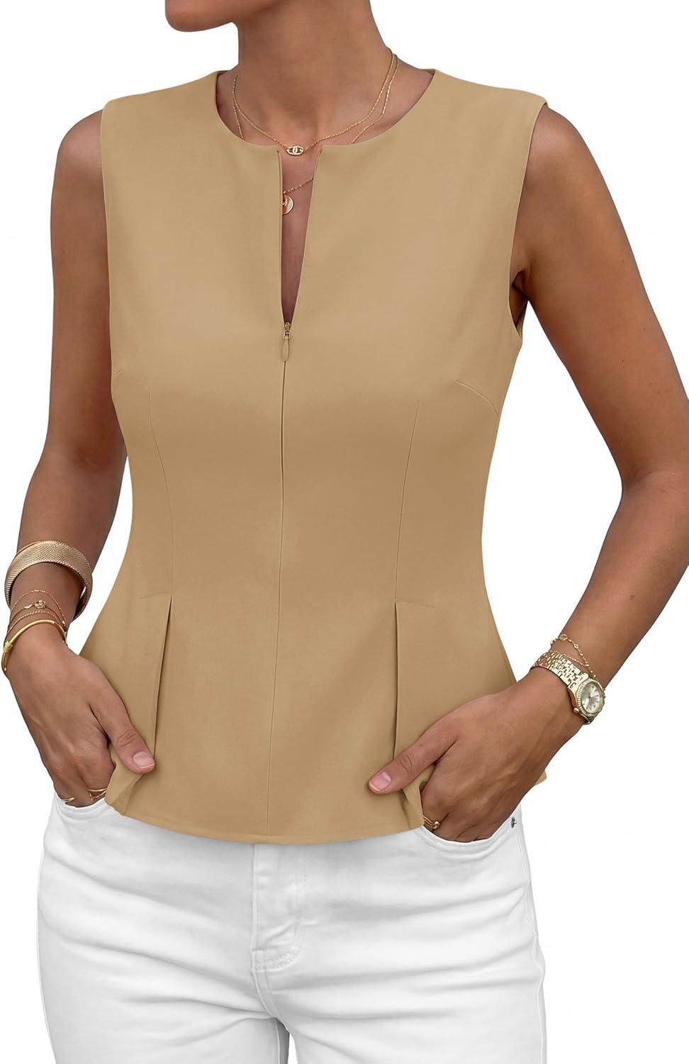 imagePRETTYGARDEN Womens 2026 Summer Vest Tops Business Casual Going Out Outfits Sleeveless Zip Up Dressy Tank Top Suit WaistcoatKhaki
