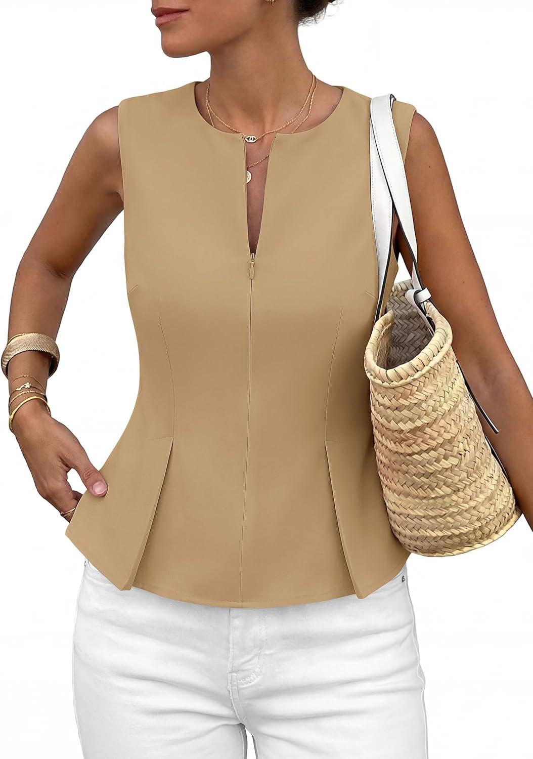 imagePRETTYGARDEN Womens 2026 Summer Vest Tops Business Casual Going Out Outfits Sleeveless Zip Up Dressy Tank Top Suit WaistcoatKhaki