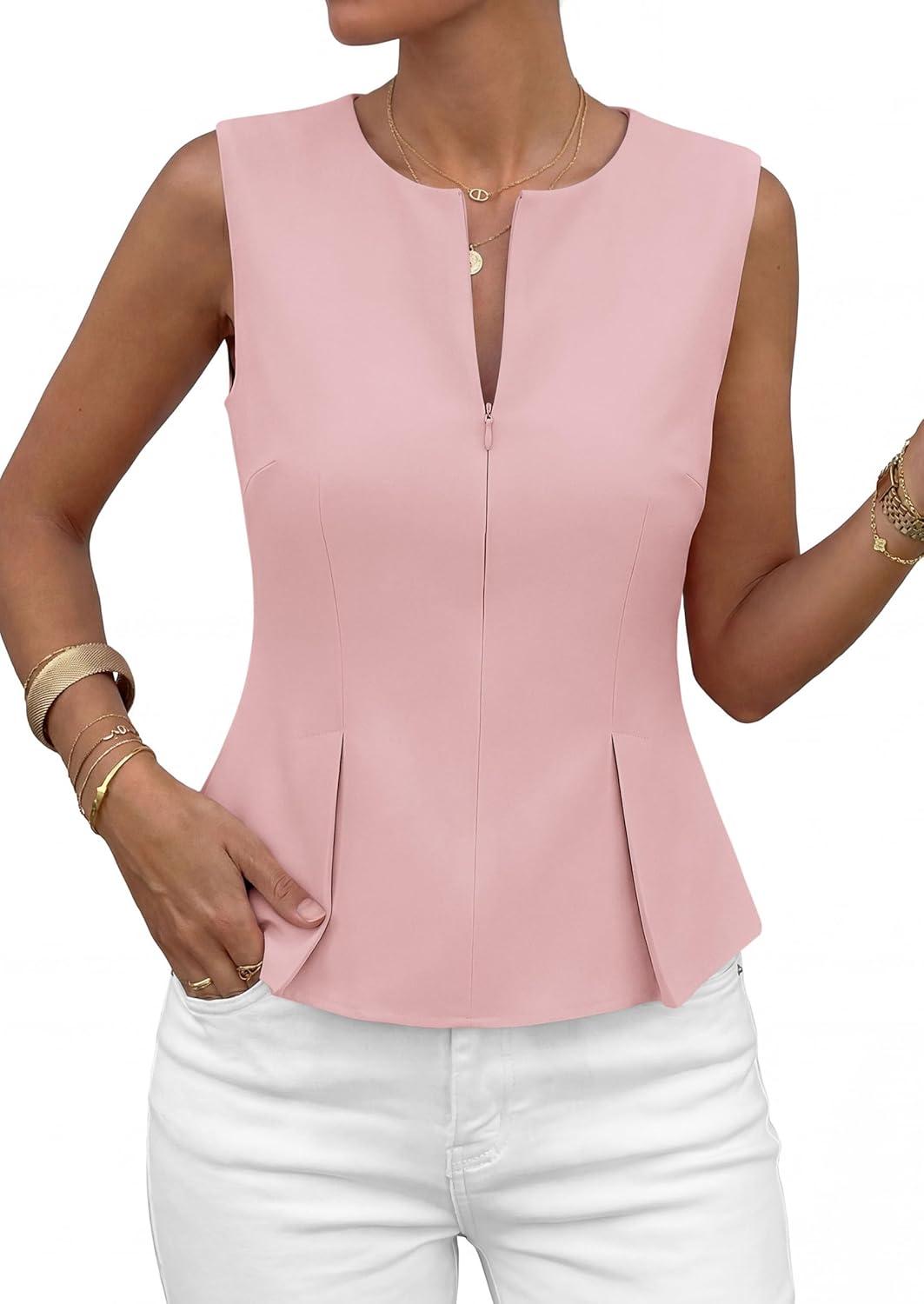 imagePRETTYGARDEN Womens 2026 Summer Vest Tops Business Casual Going Out Outfits Sleeveless Zip Up Dressy Tank Top Suit WaistcoatPink