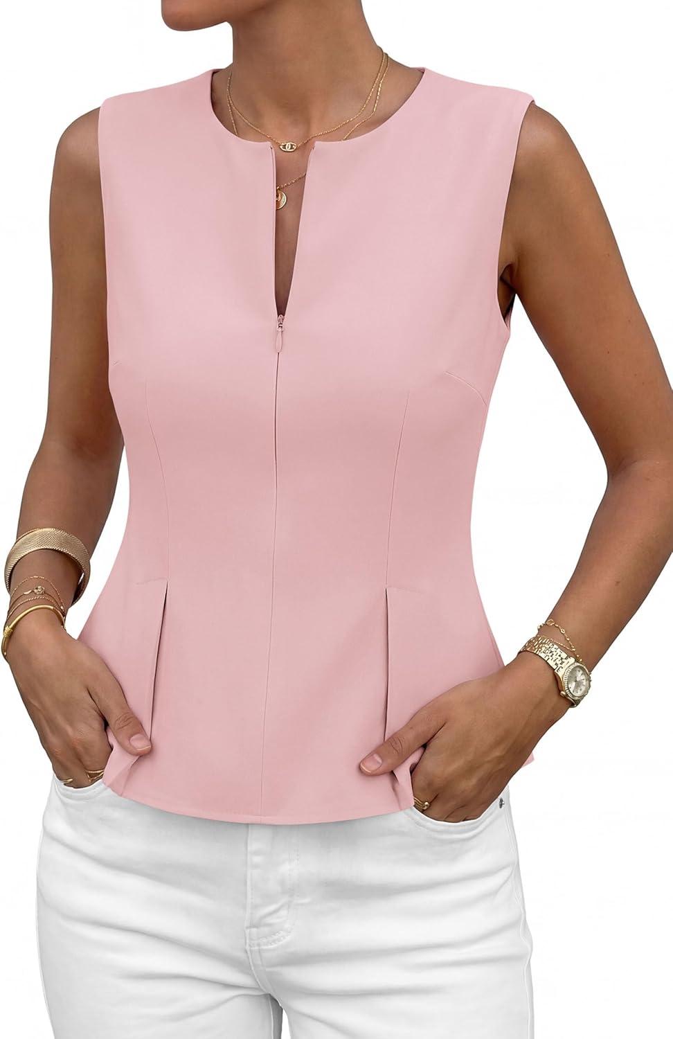 imagePRETTYGARDEN Womens 2026 Summer Vest Tops Business Casual Going Out Outfits Sleeveless Zip Up Dressy Tank Top Suit WaistcoatPink