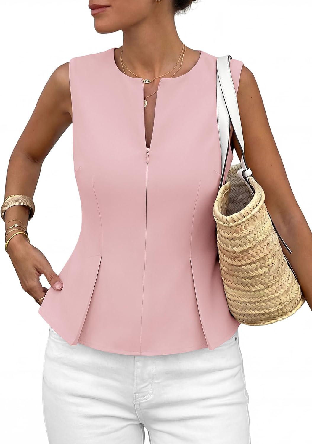 imagePRETTYGARDEN Womens 2026 Summer Vest Tops Business Casual Going Out Outfits Sleeveless Zip Up Dressy Tank Top Suit WaistcoatPink