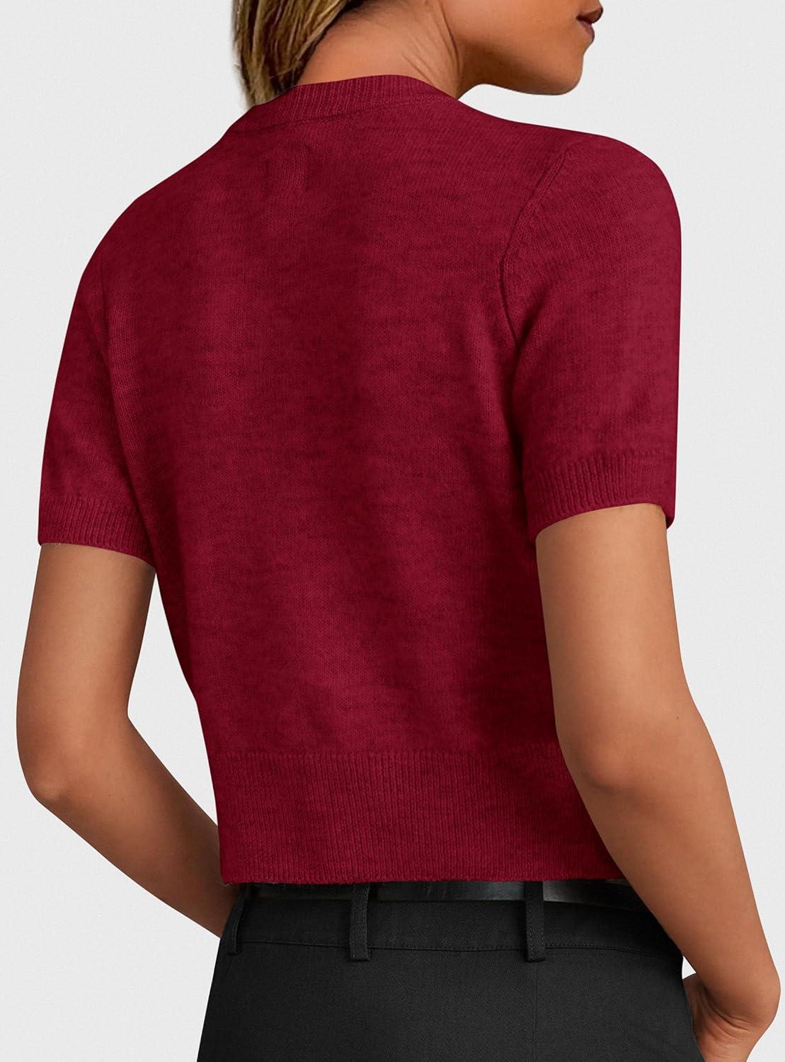 imagePRETTYGARDEN Womens Casual Summer Short Sleeve Cardigans 2026 Button Down Knitted Sweater Basic Crew Neck Crop TopsWine Red