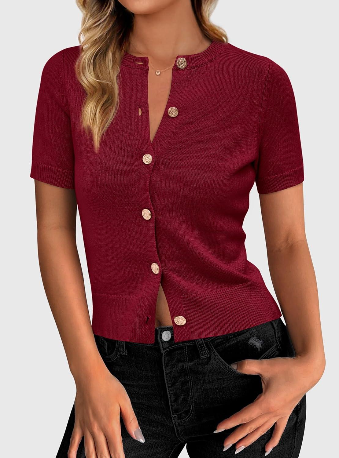 imagePRETTYGARDEN Womens Casual Summer Short Sleeve Cardigans 2026 Button Down Knitted Sweater Basic Crew Neck Crop TopsWine Red