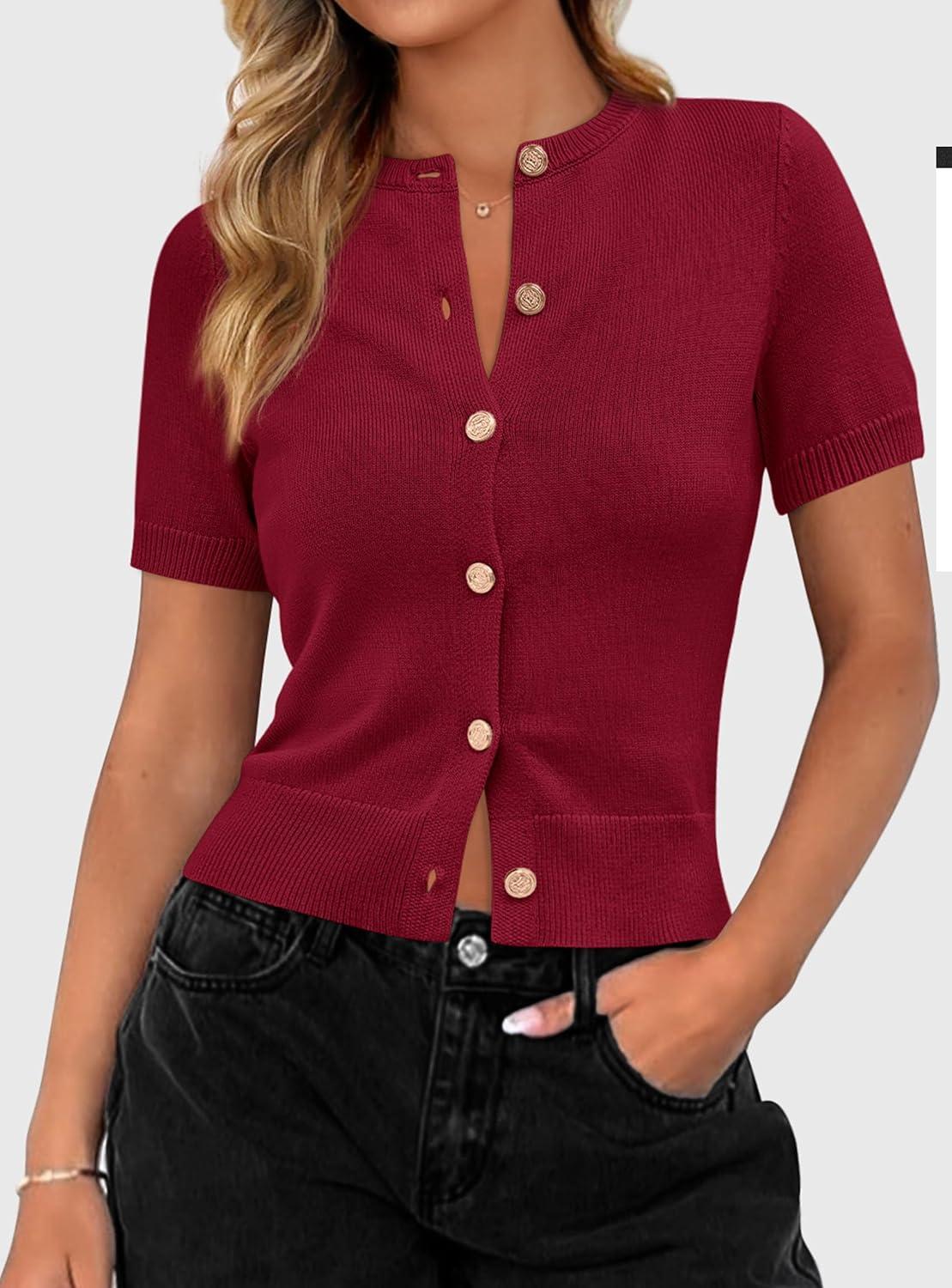 imagePRETTYGARDEN Womens Casual Summer Short Sleeve Cardigans 2026 Button Down Knitted Sweater Basic Crew Neck Crop TopsWine Red