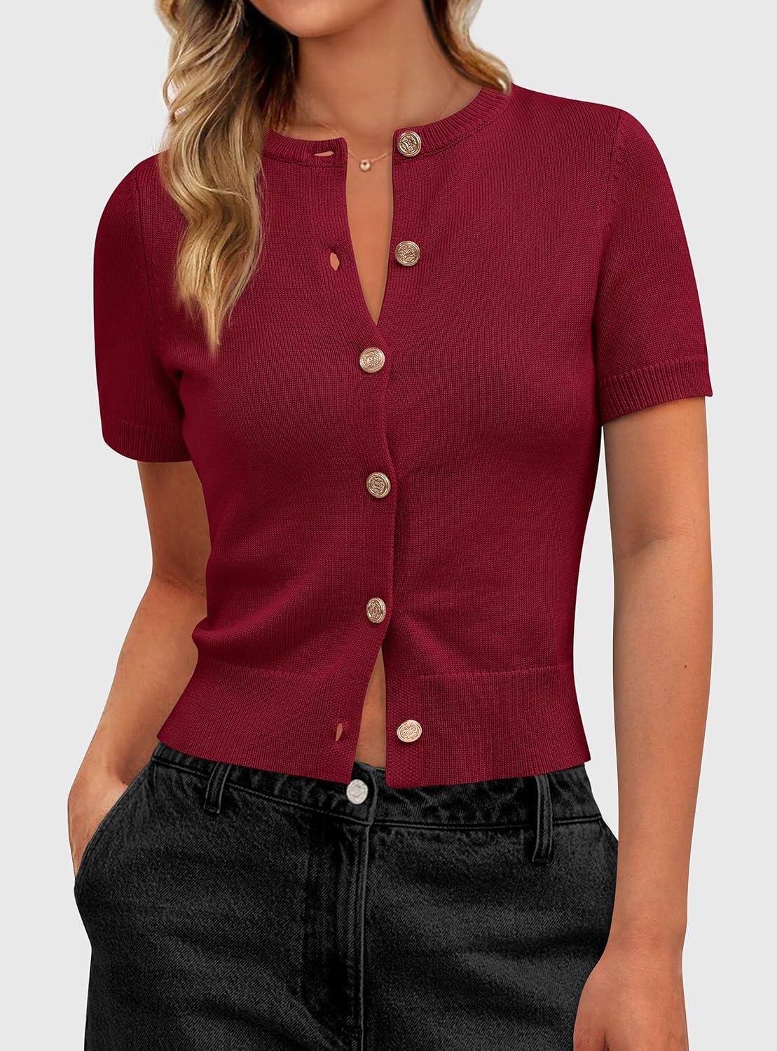 imagePRETTYGARDEN Womens Casual Summer Short Sleeve Cardigans 2026 Button Down Knitted Sweater Basic Crew Neck Crop TopsWine Red