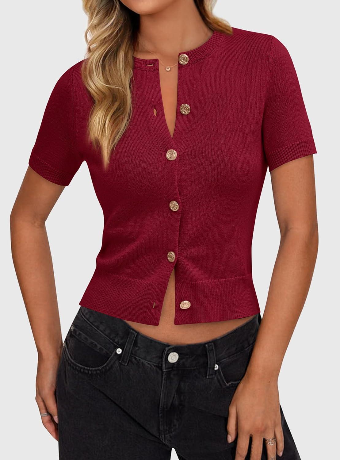 imagePRETTYGARDEN Womens Casual Summer Short Sleeve Cardigans 2026 Button Down Knitted Sweater Basic Crew Neck Crop TopsWine Red