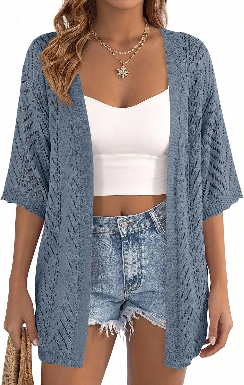imagePRETTYGARDEN Womens Lightweight Summer Cardigans 2026 Short Sleeve Knit Crochet Coverups Spring Boho Beach Vacation ClothesDusty Blue