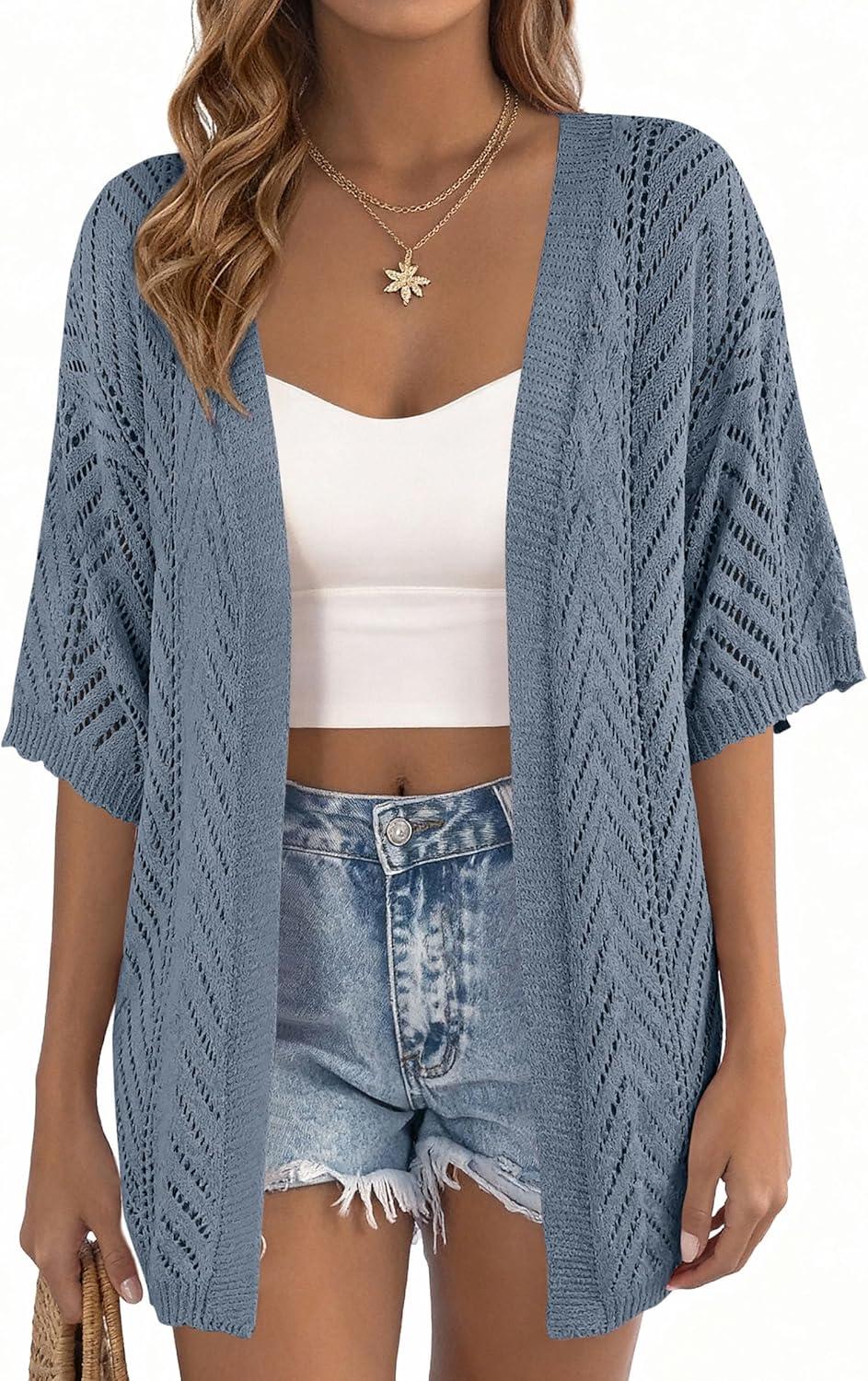 imagePRETTYGARDEN Womens Lightweight Summer Cardigans 2026 Short Sleeve Knit Crochet Coverups Spring Boho Beach Vacation ClothesDusty Blue