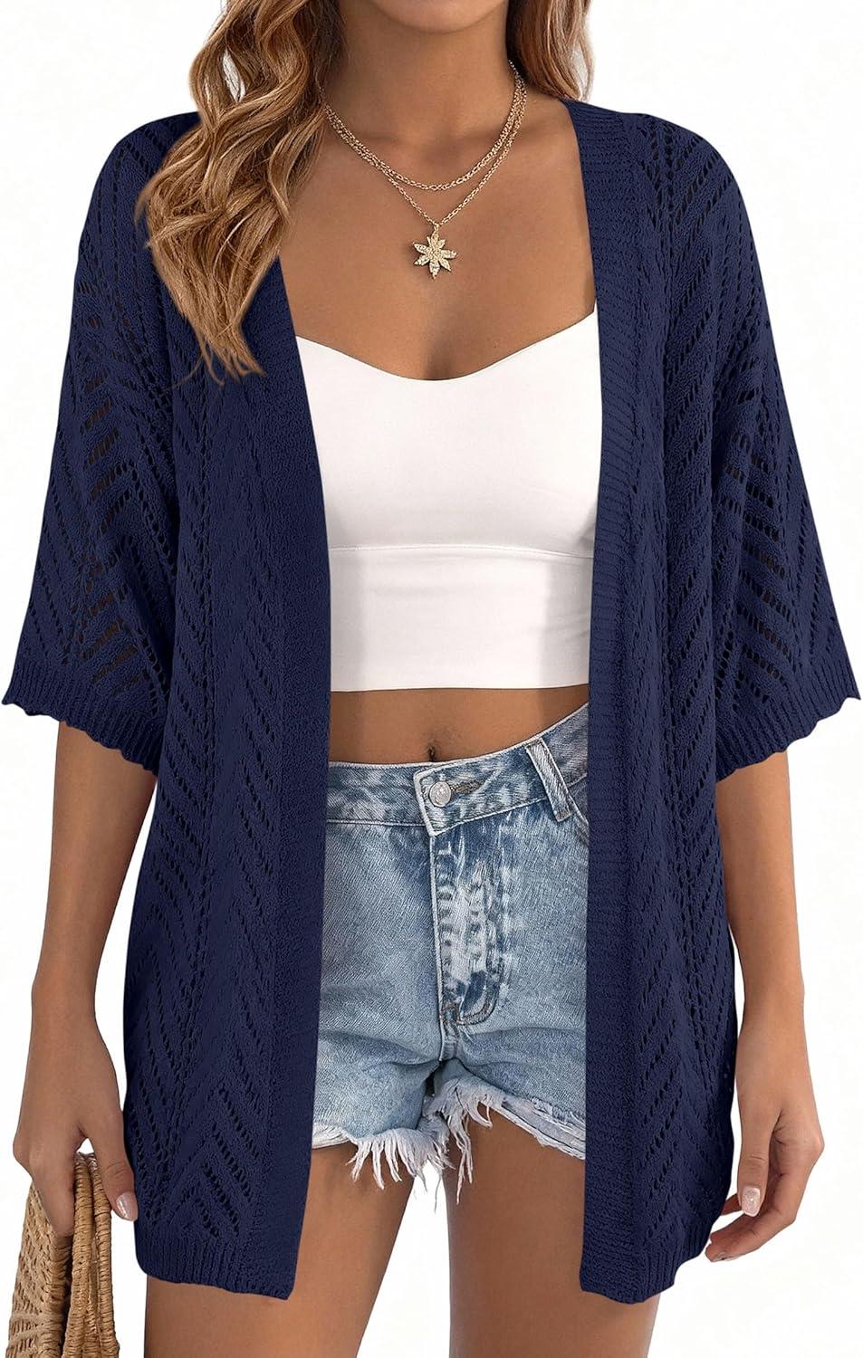 imagePRETTYGARDEN Womens Lightweight Summer Cardigans 2026 Short Sleeve Knit Crochet Coverups Spring Boho Beach Vacation ClothesNavy Blue