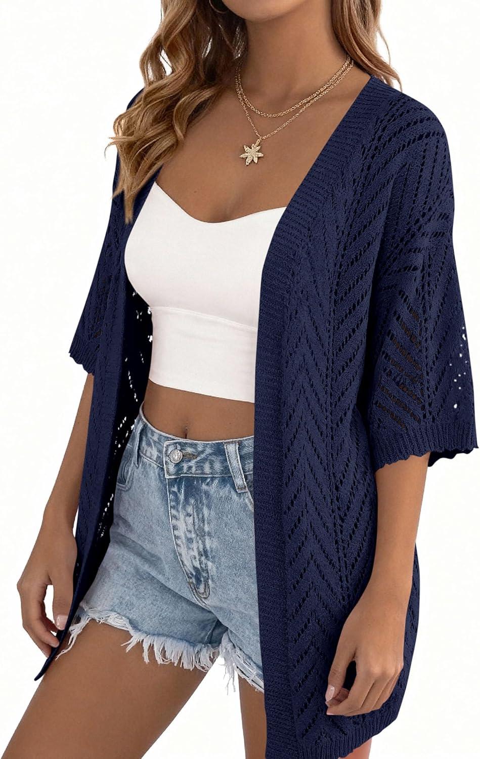 imagePRETTYGARDEN Womens Lightweight Summer Cardigans 2026 Short Sleeve Knit Crochet Coverups Spring Boho Beach Vacation ClothesNavy Blue