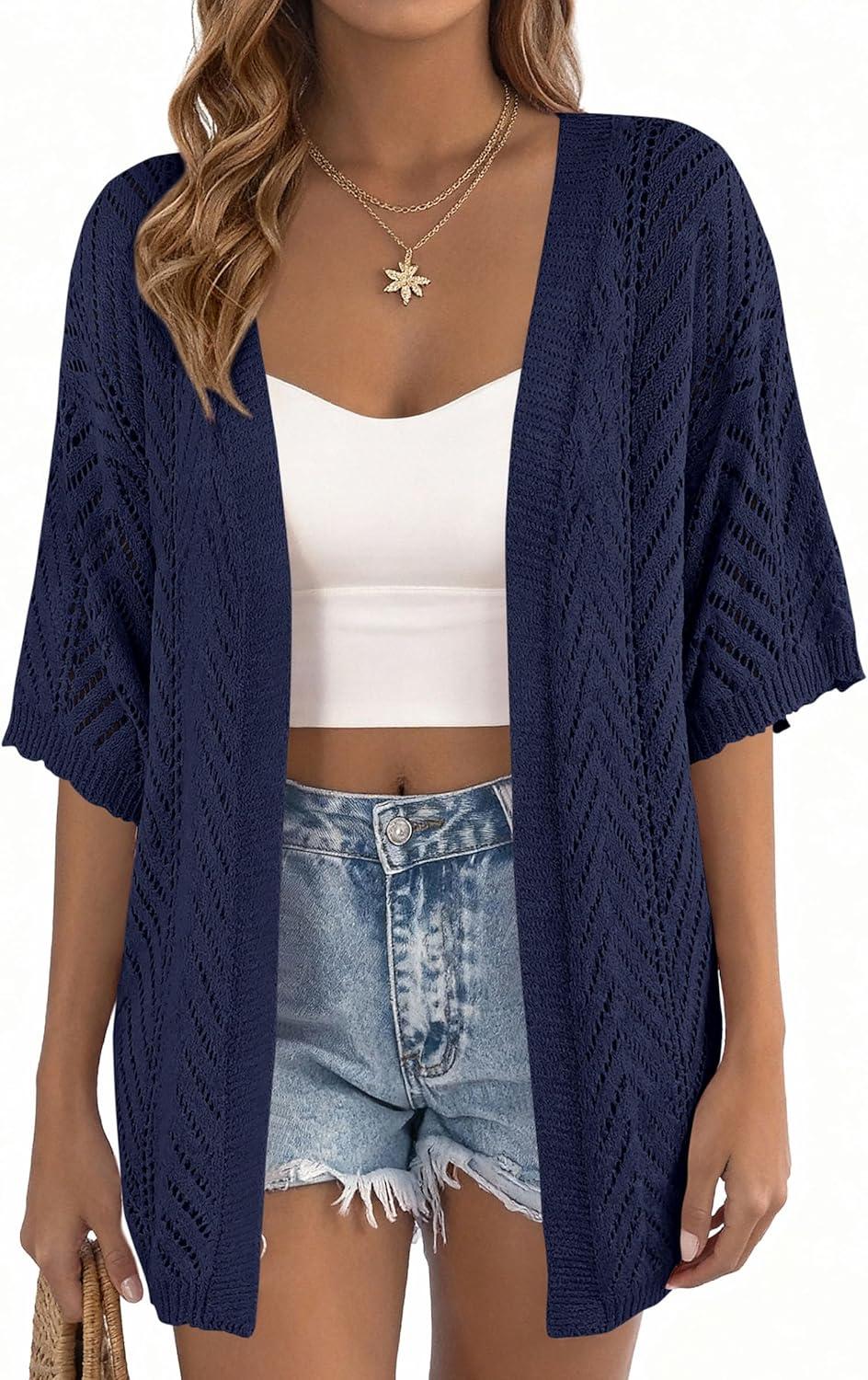 imagePRETTYGARDEN Womens Lightweight Summer Cardigans 2026 Short Sleeve Knit Crochet Coverups Spring Boho Beach Vacation ClothesNavy Blue